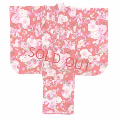 画像2: 七五三 着物 3歳 女の子 ポップでキュートな柄の子供着物 合繊 襦袢付き【赤系、薔薇とストロベリー・羊さん】