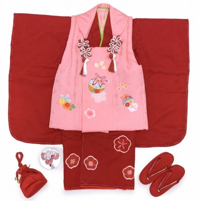 画像4: ≪１点限り！ オリジナル・コーディネートセット≫七五三 3歳 着物 セット 女の子 被布セット 女の子 正絹 本絞り 刺繍柄の被布コート・着物 フルセット【ピンクｘ赤、鈴】