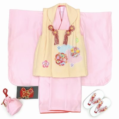 画像4: ≪１点限り！ オリジナル・コーディネートセット≫七五三 3歳 着物 セット 女の子 被布セット 正絹 友禅柄被布コート・着物 フルセット【クリーム色ｘピンク、ねじり梅に宝】