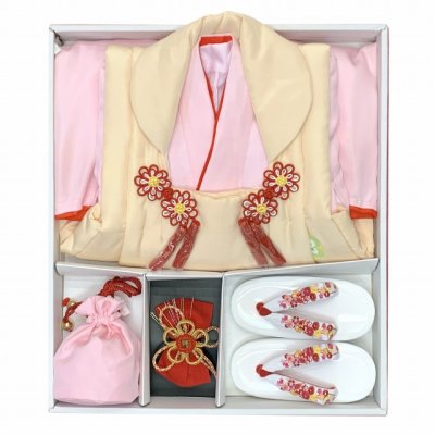 画像10: ≪１点限り！ オリジナル・コーディネートセット≫七五三 3歳 着物 セット 女の子 被布セット 正絹 友禅柄被布コート・着物 フルセット【クリーム色ｘピンク、ねじり梅に宝】