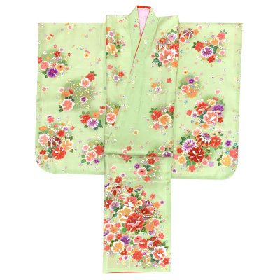 画像2: 七五三 7歳 着物 女の子用 日本製 正絹 絵羽付け 金駒刺繍 四つ身の着物【ひわ色(黄緑)、花衣】