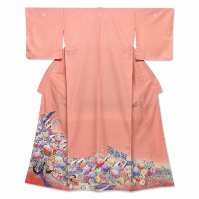 画像2: 【アウトレット 訳あり品】色留袖 三つ紋入り 五三の桐 比翼仕立て 合繊 仕立て上がり Lサイズ相当【ピーチピンク、花車に几帳】