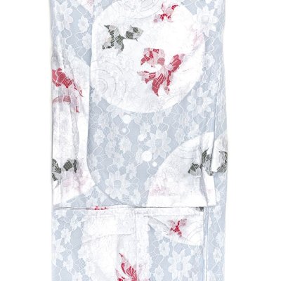 画像2: こども浴衣 女の子 100-130サイズ レース生地 吸汗速乾素材(Cool Pass)使用 くしゅくしゅのしわ兵児帯のセット【ブルー系、金魚】