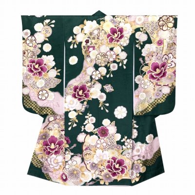 画像2: 七五三 着物 7歳 女の子 日本製 上質合繊 絵羽柄の四つ身の子供着物 単品【深緑、椿と雪輪】