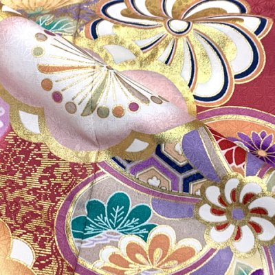 画像5: 七五三 着物 7歳 フルセット 女の子 上質合繊 四つ身の着物と結び帯 コーディネートセット 【赤系、ねじり梅】