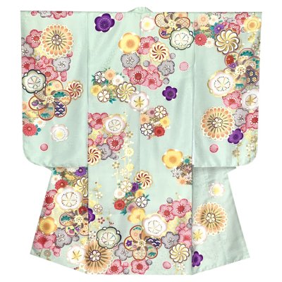 画像2: 7歳 女の子 七五三 着物 フルセット 上質合繊 四つ身の着物と作り帯 オリジナルコーデセット【薄黄緑、ねじり梅】