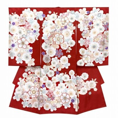 画像2: お宮参り 着物 女の子 赤ちゃん 産着 正絹 お祝い着 初着 日本製【赤系、鈴と桜】