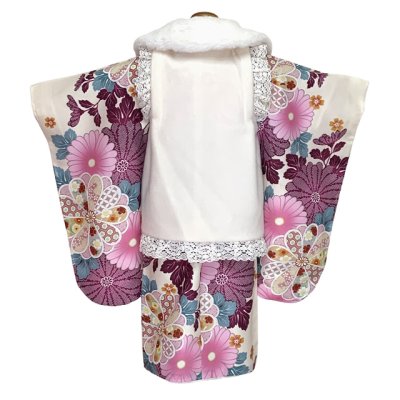 画像3: 七五三 3歳 着物 セット 女の子 被布コート＆着物５点セット レトロモダンスタイル合繊【白系ｘベージュ、赤紫菊】