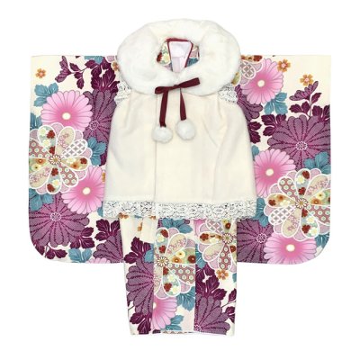 画像4: 七五三 3歳 着物 セット 女の子 被布コート＆着物５点セット レトロモダンスタイル合繊【白系ｘベージュ、赤紫菊】