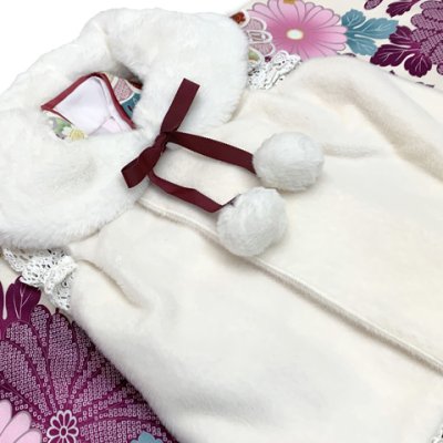 画像5: 七五三 3歳 着物 セット 女の子 被布コート＆着物５点セット レトロモダンスタイル合繊【白系ｘベージュ、赤紫菊】