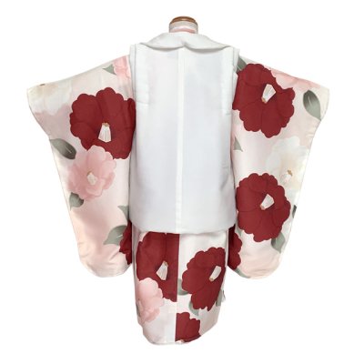 画像3: 七五三 3歳 着物 セット 女の子 被布コート＆着物５点セット レトロモダンスタイル合繊【白系ｘピーチスキン、椿】