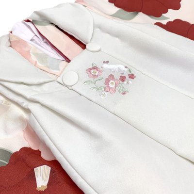 画像5: 七五三 3歳 着物 セット 女の子 被布コート＆着物５点セット レトロモダンスタイル合繊【白系ｘピーチスキン、椿】