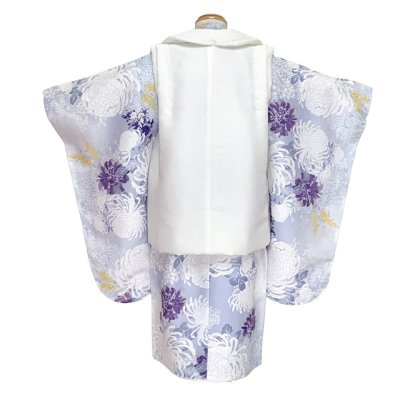 画像3: 七五三 3歳 着物 セット 女の子 被布コート＆着物５点セット レトロモダンスタイル合繊【白系ｘブルーグレー、菊】