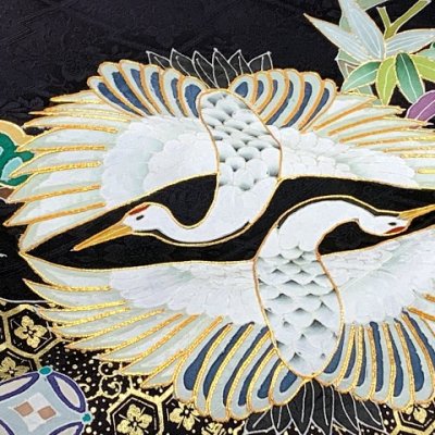 画像5: お宮参り 男の子 着物 正絹 日本製 金駒刺? 赤ちゃんのお祝い着(初着 産着) 襦袢付き【黒地、向かい鶴】