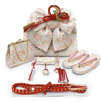 画像6: 七五三 着物 7歳 フルセット 女の子 購入 2025年新作 日本製 合繊 金駒刺繍 絵羽付け四つ身の着物と結び帯 コーデセット【ピンクｘひわ、鼓・花爛漫】