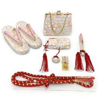 画像7: 七五三 着物 7歳 フルセット 女の子 購入 2025年新作 日本製 合繊 金駒刺繍 絵羽付け四つ身の着物と結び帯 コーデセット【ピンクｘひわ、鼓・花爛漫】