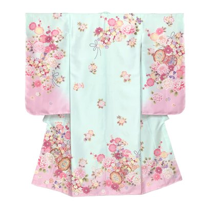 画像2: 七五三 着物 7歳 フルセット 女の子 購入 2025年新作 日本製 合繊 金駒刺繍 絵羽付け四つ身の着物と結び帯 コーデセット【水色ｘピンク、鼓・花爛漫】