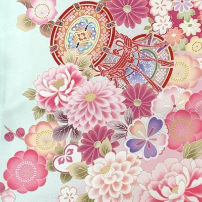画像5: 七五三 着物 2025年新作 7歳 絵羽柄の四つ身の子供着物(合繊) 単品【水色ｘピンク、鼓・花爛漫】