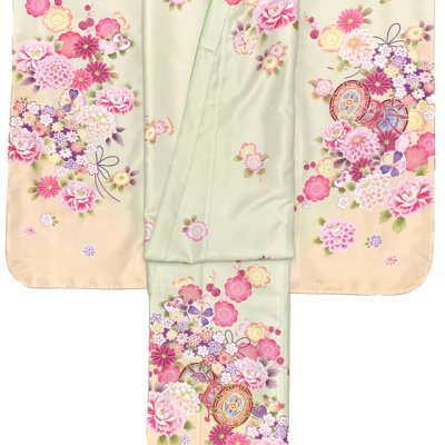 画像3: 七五三 着物 2025年新作 7歳 絵羽柄の四つ身の子供着物(合繊) 単品【淡黄緑ｘ黄色、鼓・花爛漫】