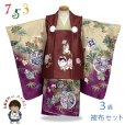 画像1: 七五三 着物 2025年新作 3歳 男の子 被布コートセット 合繊【赤茶・ベージュｘ紫、古典柄狛犬】 (1)