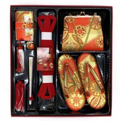 画像3: 七五三 7歳 女の子大寸 金襴生地 結び帯 はこせこセット ペアセット(合繊)【朱赤ｘ金、七宝】