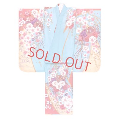 画像3: 七五三 着物 7歳 絵羽柄の古典柄の四つ身の子供着物(合繊) 単品【水色、枝垂れ桜に鞠】