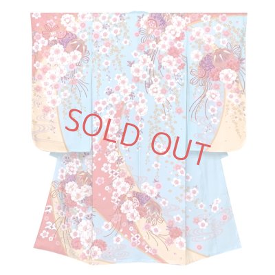 画像2: 七五三 着物 7歳 セット 合繊 絵羽柄の子供着物 結び帯コーディネートセット【水色、枝垂れ桜に鞠】