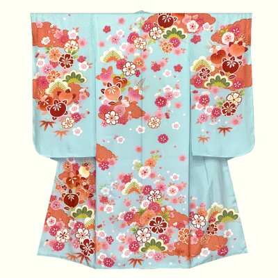 画像2: 七五三 着物 女の子 フルセット 7歳 合繊 絵羽柄の子供振袖 結び帯コーディネートセット【水色、橘】
