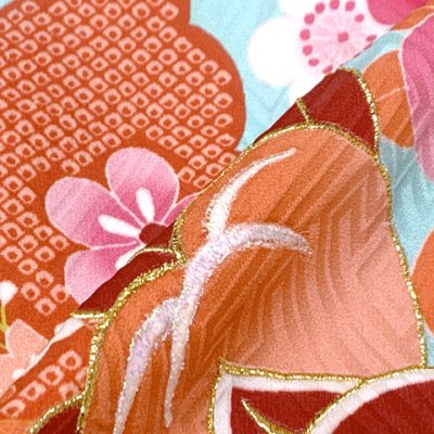 画像4: 七五三 着物 女の子 フルセット 7歳 合繊 絵羽柄の子供振袖 結び帯コーディネートセット【水色、橘】