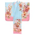 画像3: 七五三 着物 7歳 絵羽柄の古典柄の四つ身の子供着物(合繊) 単品【水色、鞠と梅】