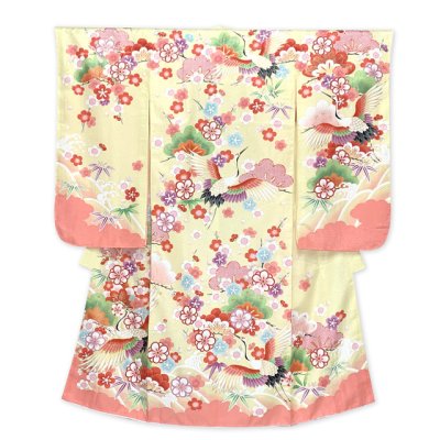 画像2: 七五三 着物 7歳 絵羽柄の古典柄の四つ身の子供着物(合繊) 単品【淡黄色、鶴】