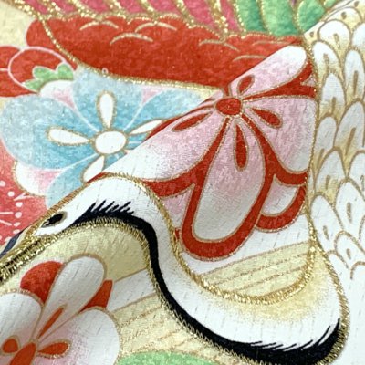 画像7: 七五三 着物 7歳 絵羽柄の古典柄の四つ身の子供着物(合繊) 単品【淡黄色、鶴】