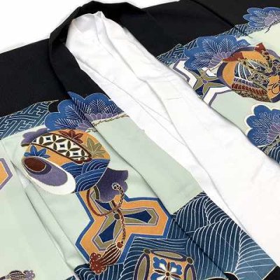 画像4: 七五三 5歳 男の子 刺繍入り 着物アンサンブル 合繊 襦袢付き【黒×白、松に宝船】