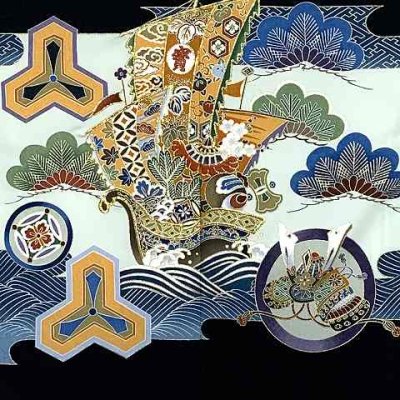 画像5: 七五三 5歳 男の子 刺繍入り 着物アンサンブル 合繊 襦袢付き【黒×白、松に宝船】