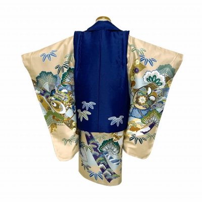 画像3: 七五三 着物 3歳 男児 被布セット 合繊 フルセット 購入【紺ｘベージュ、兜】