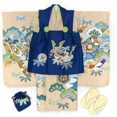 画像4: 七五三 着物 3歳 男児 被布セット 合繊 フルセット 購入【紺ｘベージュ、兜】