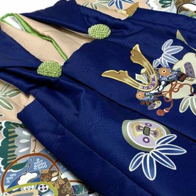 画像5: 七五三 着物 3歳 男児 被布セット 合繊 フルセット 購入【紺ｘベージュ、兜】