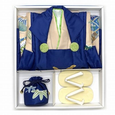 画像8: 七五三 着物 3歳 男児 被布セット 合繊 フルセット 購入【紺ｘベージュ、兜】