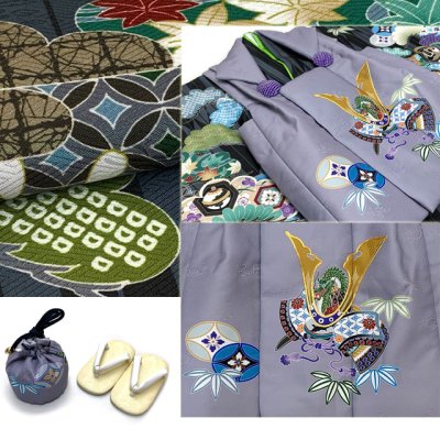 画像4: 七五三 着物 フルセット 3歳 男の子用 絵羽柄の被布コートと着物のセット 合繊 フルセット 購入【兜に笹柄 選べる7色】