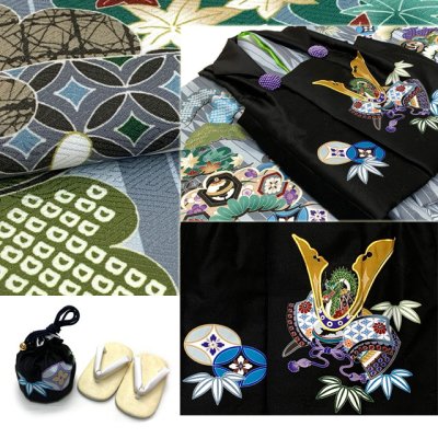 画像6: 七五三 着物 フルセット 3歳 男の子用 絵羽柄の被布コートと着物のセット 合繊 フルセット 購入【兜に笹柄 選べる7色】