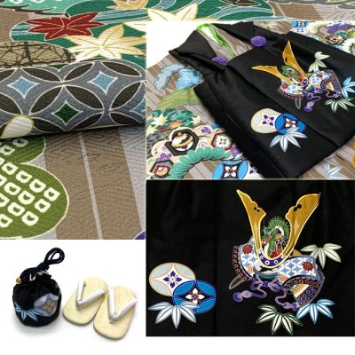 画像8: 七五三 着物 フルセット 3歳 男の子用 絵羽柄の被布コートと着物のセット 合繊 フルセット 購入【兜に笹柄 選べる7色】