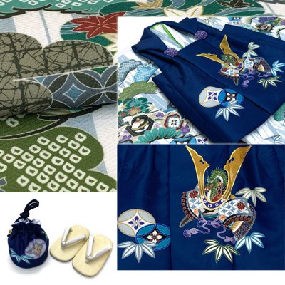 画像10: 七五三 着物 フルセット 3歳 男の子用 絵羽柄の被布コートと着物のセット 合繊 フルセット 購入【兜に笹柄 選べる7色】