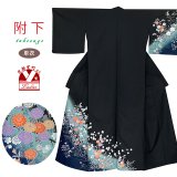 洗える着物 単衣の附下げ 仕立て上がり 合繊 日本製【黒地、流水に野花】