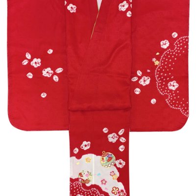 画像2: 七五三 7歳 着物 女の子用 日本製 正絹 本絞り 刺繍入り 絵羽付け 四つ身の着物【赤、鈴と花輪】