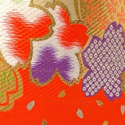 画像3: 結び帯 七五三 7歳 女の子 金襴生地の帯 合繊 単品 日本製【白金＆赤、桜】
