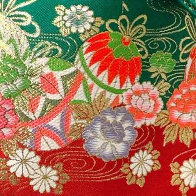 画像3: 結び帯 七五三 7歳 女の子 金襴生地の帯 合繊 単品 日本製【緑ｘ赤、鞠と牡丹】