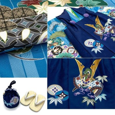 画像12: 七五三 着物 フルセット 3歳 男の子用 絵羽柄の被布コートと着物のセット 合繊 フルセット 購入【兜に笹柄 選べる7色】