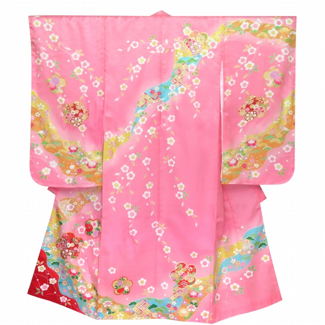 七五三 着物 7歳女の子用 フルセット 正絹 日本製 絵羽柄の子供着物 結び帯セット【ピンク 梅に鈴】購入 販売