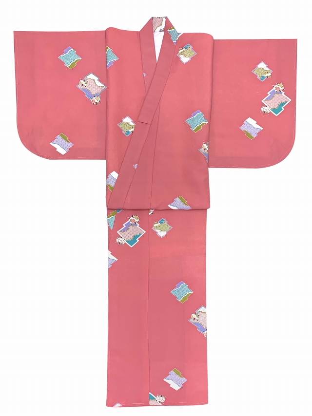 ジュニア 女の子用 洗える着物 子供着物 小紋 袷 140サイズ【ピンク系、糸車】