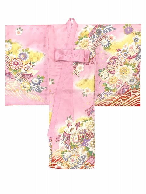 お宮参り 女の子 着物 正絹 京友禅 金駒刺繍 日本製 赤ちゃんのお祝い着 （初着 産着） 襦袢付き【ピンク、熨斗に鞠と牡丹】